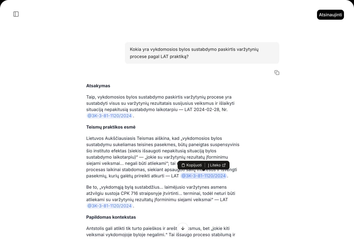 Dito AI sąsajos apžvalga, rodanti teisės dokumentų paiešką, teismų praktikos analizę ir dokumentų organizavimo galimybes teisininkams